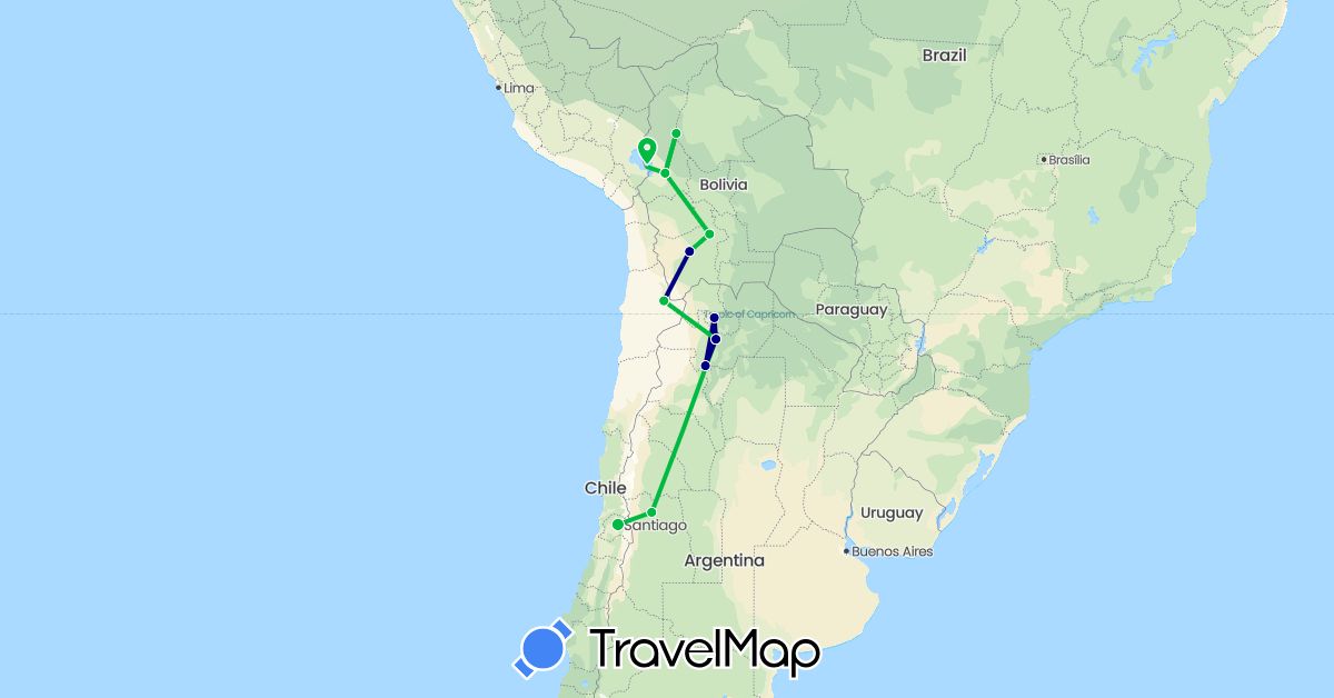 TravelMap itinerary: driving, bus in Argentina, Bolivia, Chile (South America)